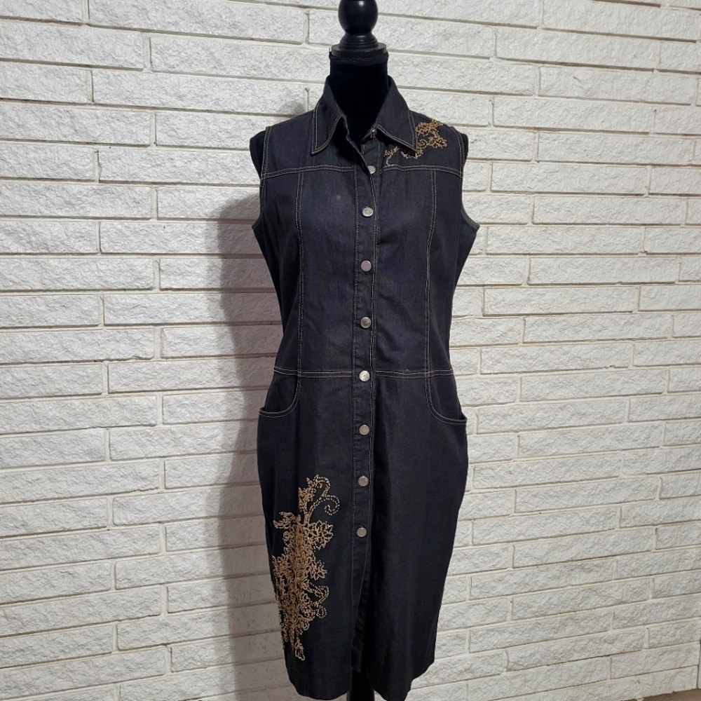 Peter Nygard Sz 10 Shirt Dress Black Light Denim Sleevless Knotty Beaded Details